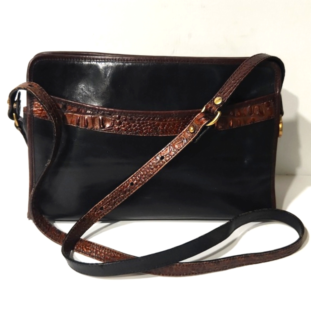 Vintage Brahmin Black Leather Croc Trim Shoulder Bag Purse